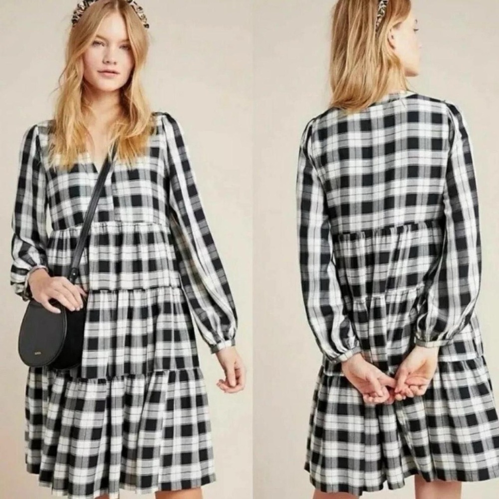 Maeve by Anthropologie Black White Tiered Midi Dress Size Medium Cottagecore